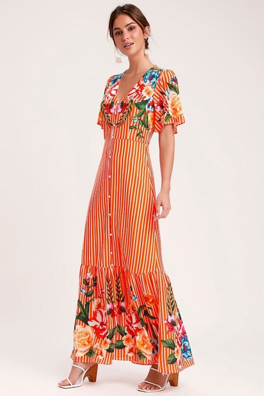 NWT Lulus Roam The Riviera Orange Floral Striped Button Up Maxi Dress M - Picture 1 of 7